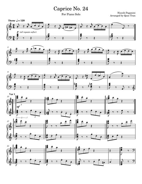Paganini Caprice No 24 For Piano Solo Intermediate Arr Quoc Tran