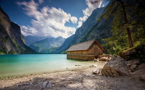 Landscape Nature Boathouses Lake Summer Mountain Alps Clouds