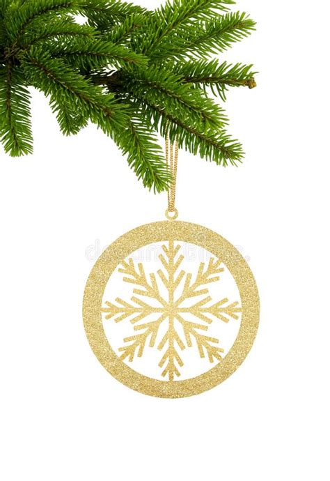Golden Glitter Decorative Ball With Snowflake On Green Christmas Fir