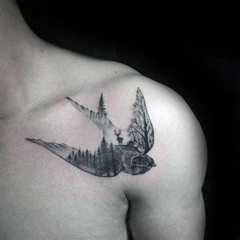 Mens Sparrow Nature Scene With Trees Small Shoulder Tattoo Bird Tattoo