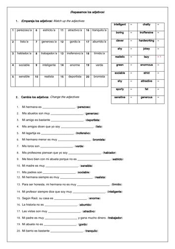 Spanish Ks3 Gcse Adjectives Agreement Revision And Practice Worksheet