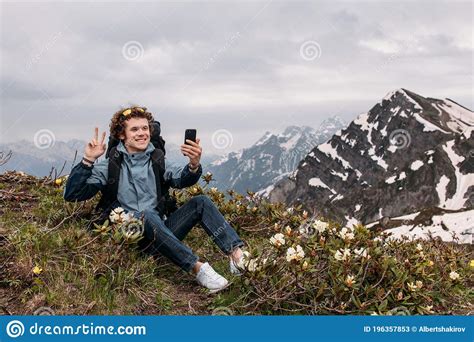 Young Positive Hiker Is Taking A Selfie Stock Image Image Of Nature