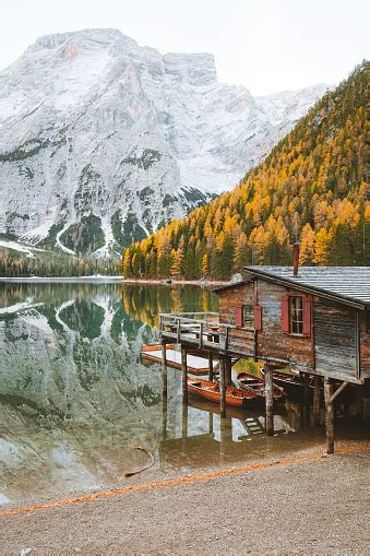 Lago Di Braies In Fall Dolomites South Tyrol Italy Stock Photo