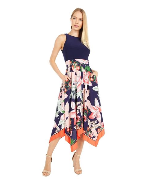 Vince Camuto Printed Cdc Handkerchief Hem Twofer Dress With Ity Bodice