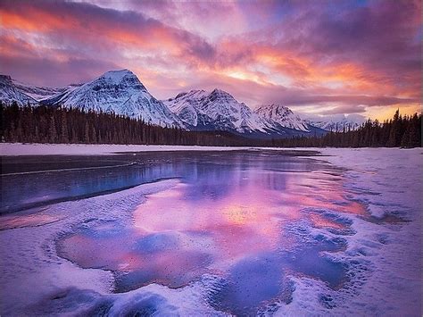 Pink Touch Cloudy Mountains Lake Sky Ice Reflections