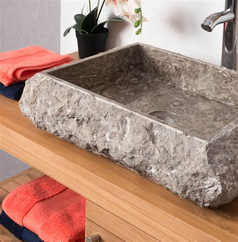 Rectangular Countertop Stone Sink Grey Rough Hewn Exterior 50cm