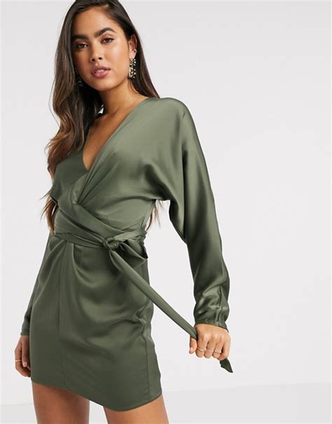 Asos Design Mini Dress With Batwing Sleeve And Wrap Waist In Khaki