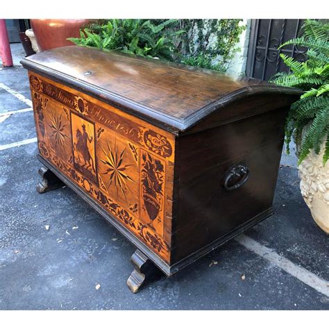 Antique Early 19th C Dutch Marquetry Inlaid Dome Top Marriage Coffer