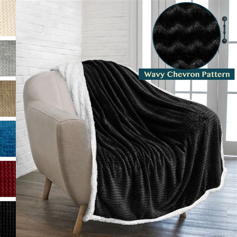 Pavilia Premium Chevron Sherpa Throw Blanket Soft Reversible Black