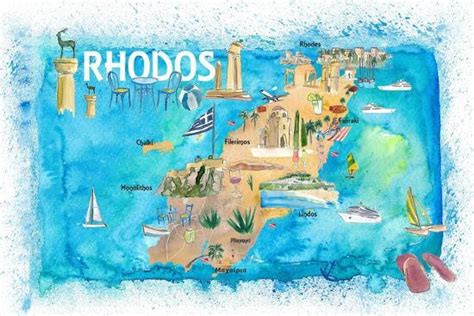 Rhodes Greece Illustrated Map With Landmarks And Highlights Prints