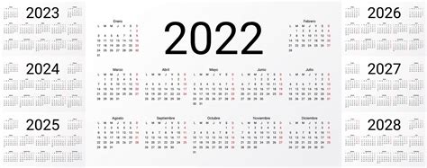 Calendário Espanhol 2022 2023 2024 2025 2026 2027 2028 Anos Modelo De