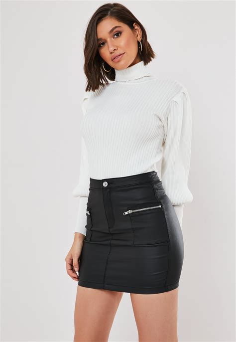 Black Coated Zip Pocket Denim Mini Skirt Missguided Ireland