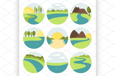 River And Landscape Icons Illustrator Graphics ~ Creative Market