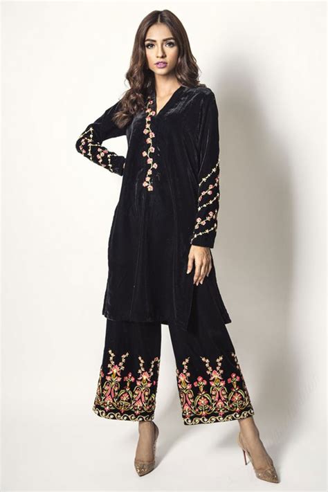 Buy Velvet Embroidered Palazzo Pant Suit In Black Colour Online