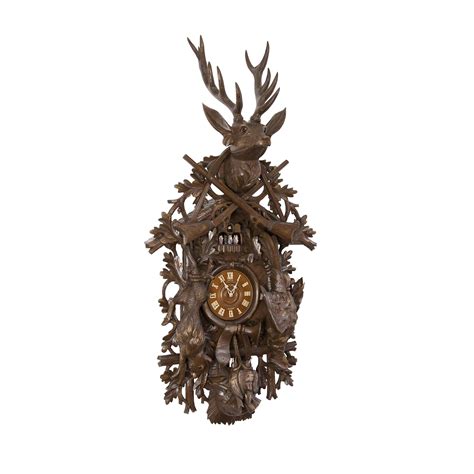 Carved Hunting Style 8 Day Musical Cuckoo Clock With Mounted Stag Head