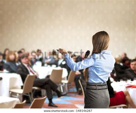 Beautiful Business Woman Speaking On Conference Stock Photo Edit Now