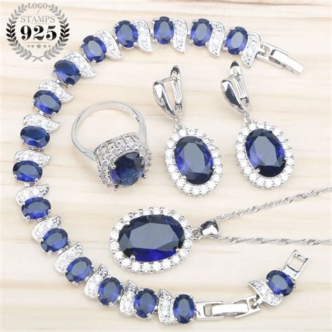 Women 925 Silver Bridal Jewelry Sets Blue Zircon Earrings Rings With