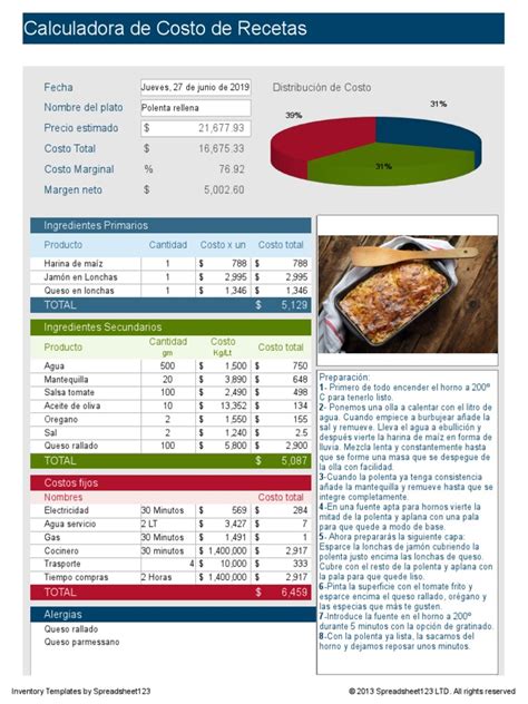 Planilla De Excel Calculadora De Costo De Recetas Cocina Europea