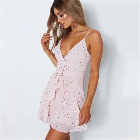 boho polka dot mini dress women 2019 pink ruffle strap v neck sexy dress summer ladies bohemian