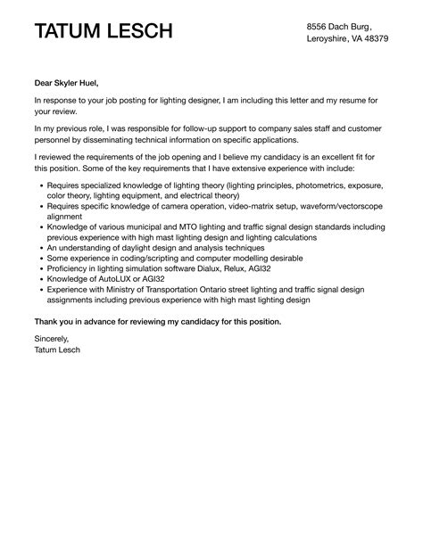 Lighting Designer Cover Letter Velvet Jobs