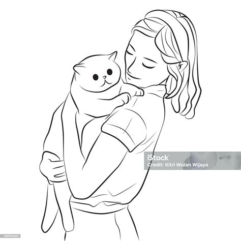 Woman Holding Cat Pose Line Cartoon Illustration Stock Illustration Download Image Now Adult