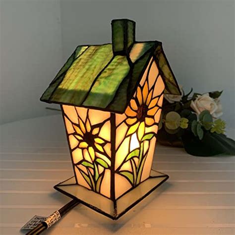 Bieye L10781 Birdhouse Tiffany Style Stained Glass Table Lamp Night Light 7 Inches Tall