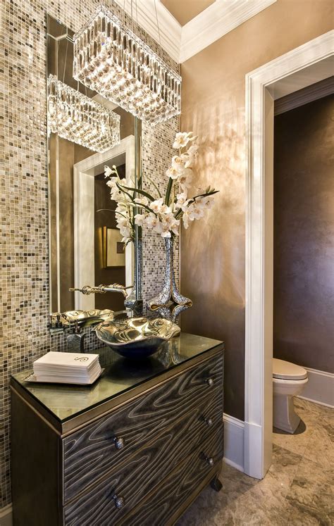 Residence Elegant Bathroom With Glass Tile Wall And Crystal Chandelier