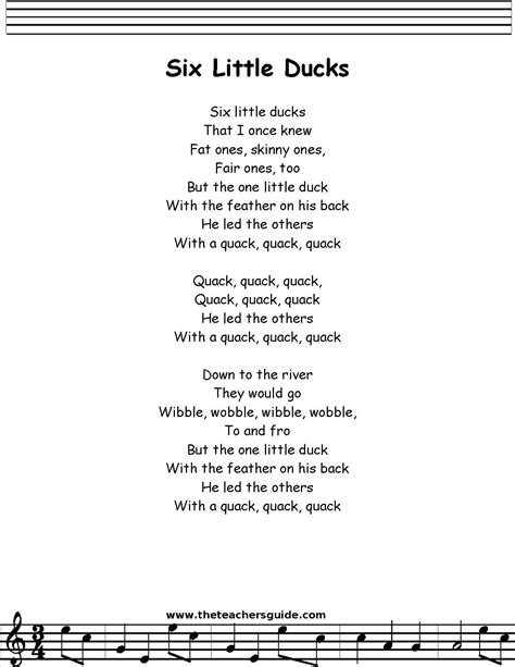 Six Little Ducks Lyrics Printout Preschool Poems Kindergarten Songs