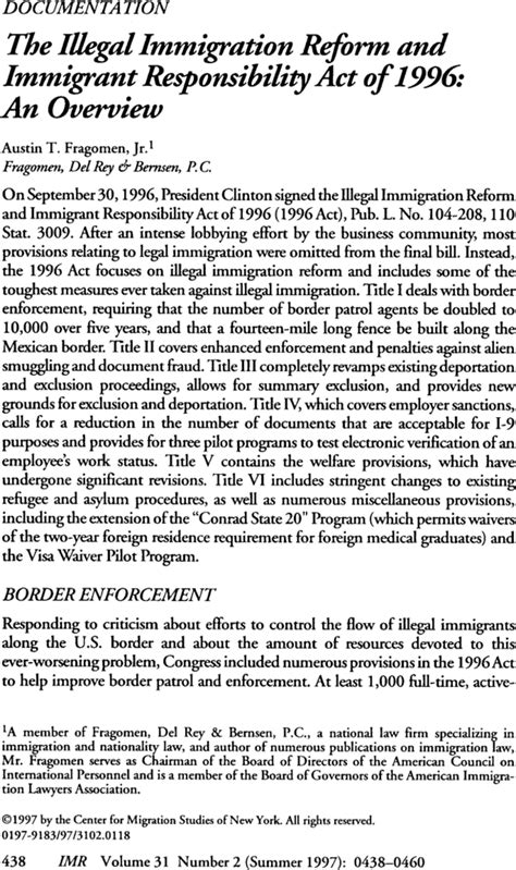 The Illegal Immigration Reform And Immigrant Responsibility Act Of 1996 An Overview Austin T
