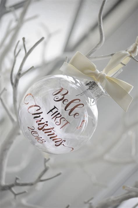 Personalised Baby S First Christmas Bauble Rose Gold Ivory Ribbon