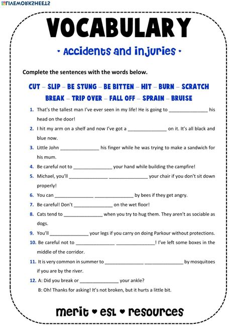 Vocabulary Accidents And Injuries Interactive Worksheet