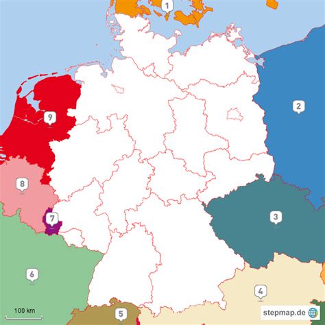 Die bundesrepublik deutschland mit der bundeshauptstadt berlin, besteht aus 16 gliedstaaten, den bundesländern. StepMap - Nachbarländer Deutschland - Landkarte für ...