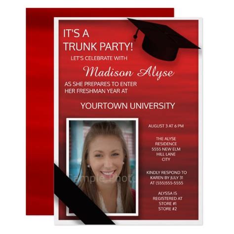 red black white college trunk party photo invitation zazzle trunk party photo invitations