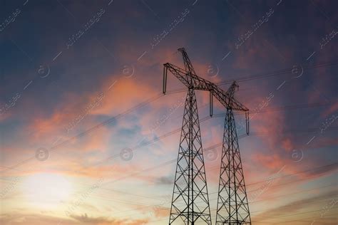 Telephone Poles With Cables At Sunset Outdoors Stock Photo Download