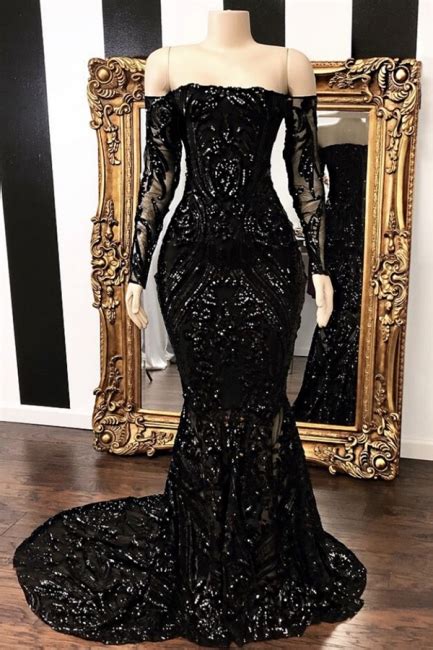 Long Sleeve Off The Shoulder Prom Dresses Black Glitter Lace Sequined