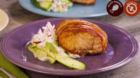 bacon wrapped salmon filets with ranch sour cream and radishes recipe rachael ray show