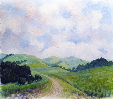 Landscape Painting Watercolor Landscape Rolling Hills Green Hills