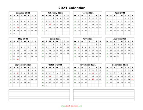 12 Month Printable Calendar 2021 One Page