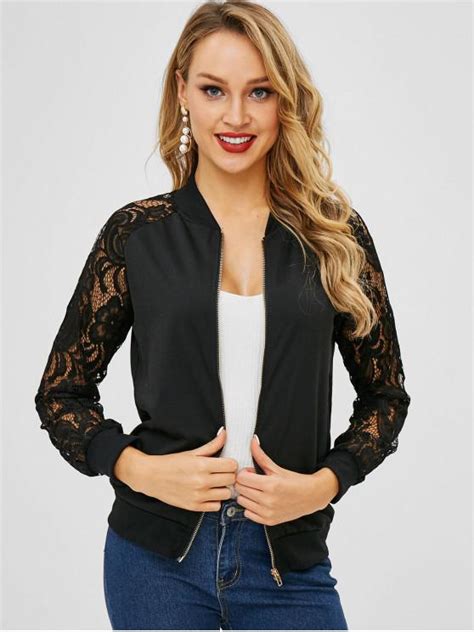 24 Off 2021 Lace Panel Zip Up Jacket In Black Zaful