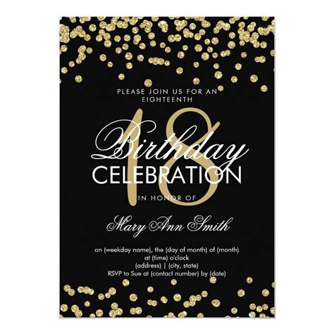 Elegant 18th Birthday Gold Glitter Confetti Black Invitation Zazzle