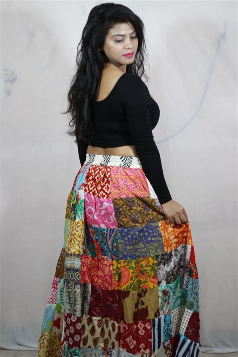 Long Printed Boho Skirt From Gujarat With Patch Work And Dori Etsy