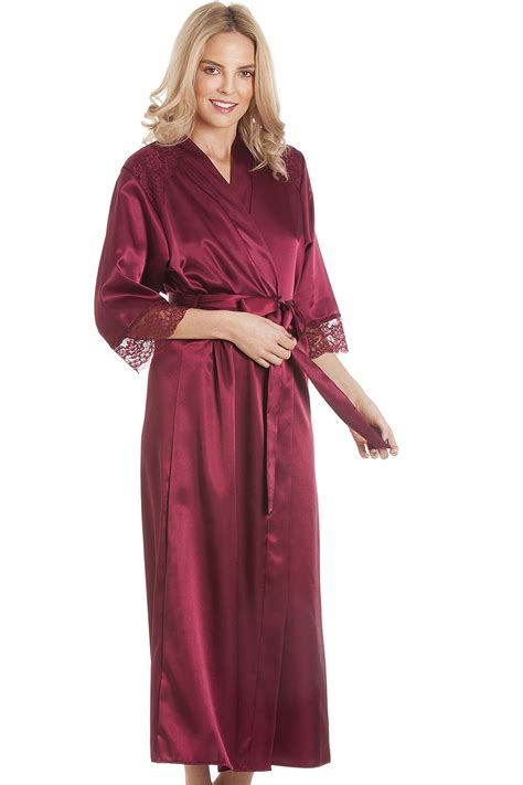 Womens Luxury Satin Long Laced Dressing Gown Robe Various Colours Size Ebay