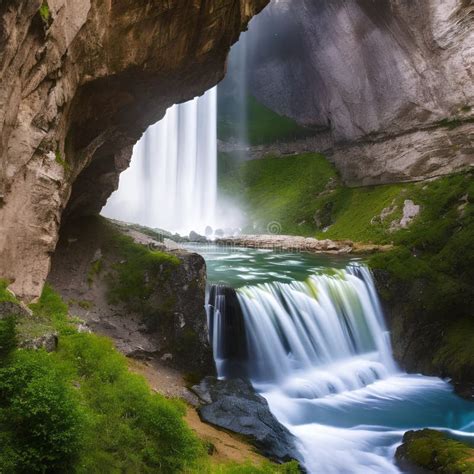 A Majestic Waterfall Cascading Into A Hidden Cave Revealing A Secret