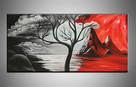 Hand Painted Large Canvas Wall Art Black White And Red Abstract Oil Painting Tree For Dining
