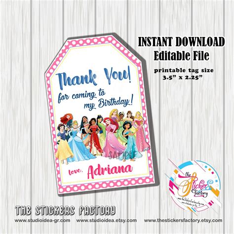 Instant Download Editable Disney Princesses Theme Party Thank You
