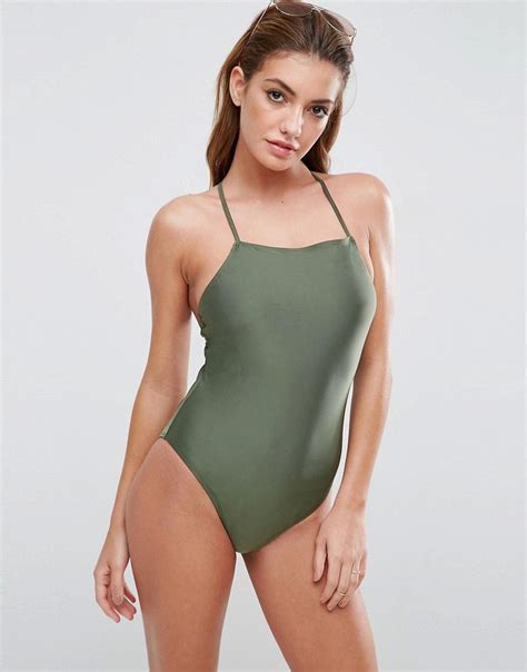 Asos Square Neck Strap Back Swimsuit Green Latest Fashion Clothes