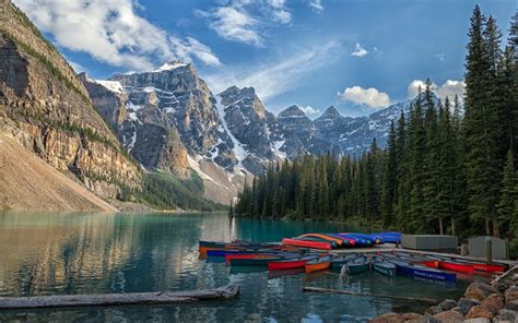 Download Wallpapers Moraine Lake Morning Glacial Lake Forest Boats