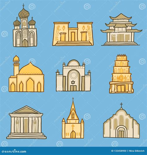 Temple Icon Set Hand Drawn Style Stock Vector Illustration Of