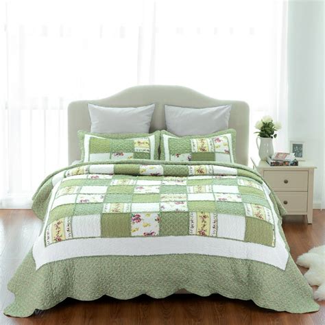 Bedsure 2 Piece Green Floral Patchwork Ruffle Twintwin Xl Quilt And Sham