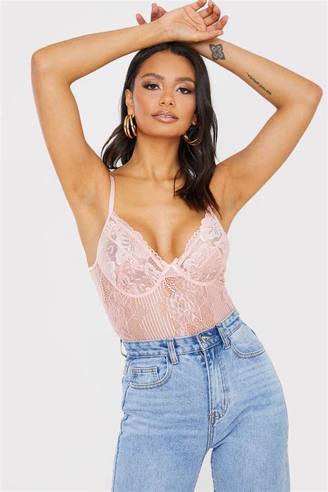 Rose Pink Lace Cupped Bodysuit In The Style